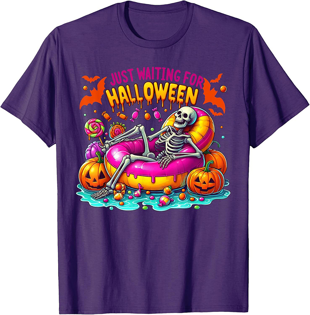 Just Waiting Halloween Skeleton Funny Pumpkin Pool Summer T-Shirt
