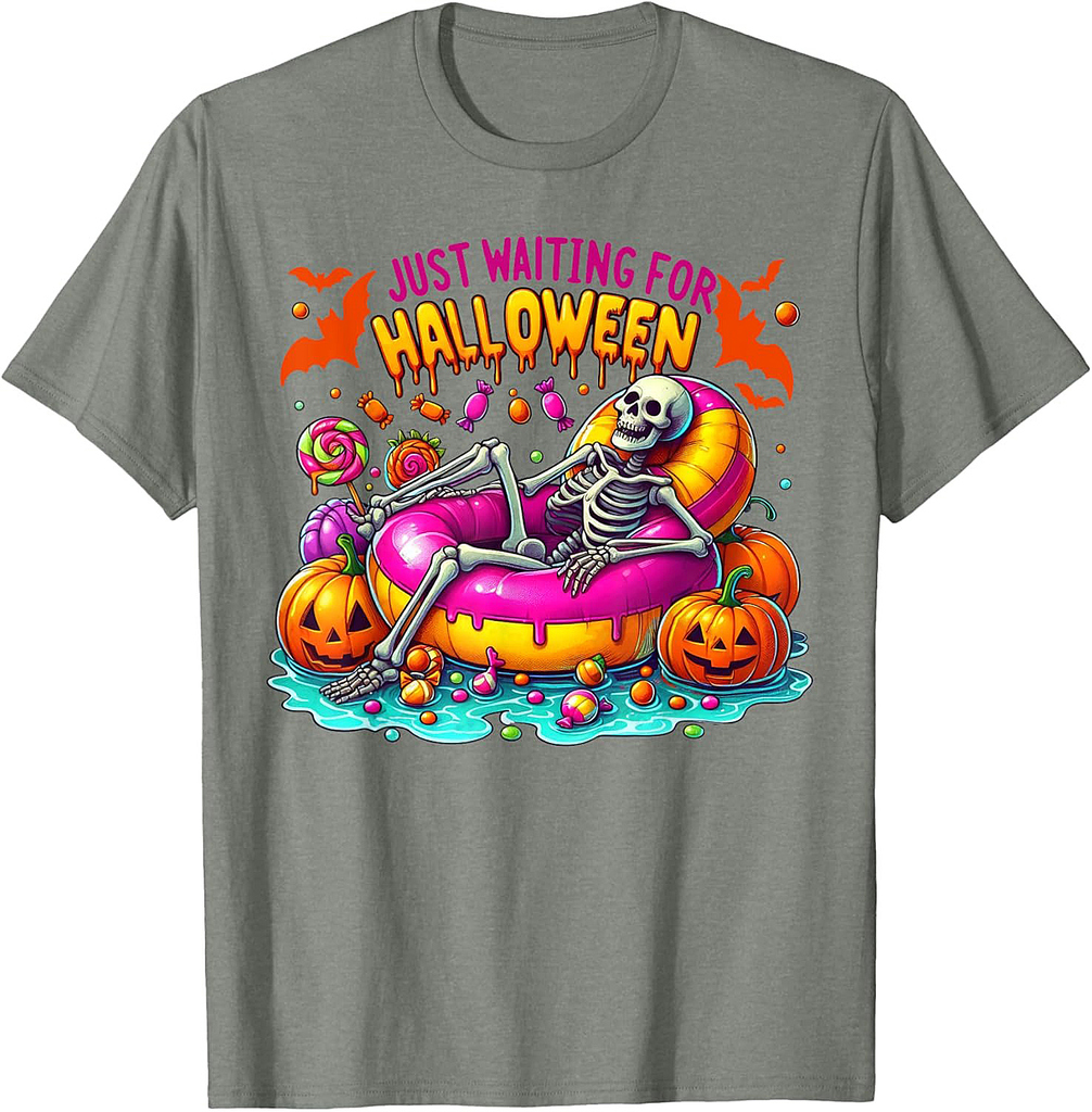 Just Waiting Halloween Skeleton Funny Pumpkin Pool Summer T-Shirt