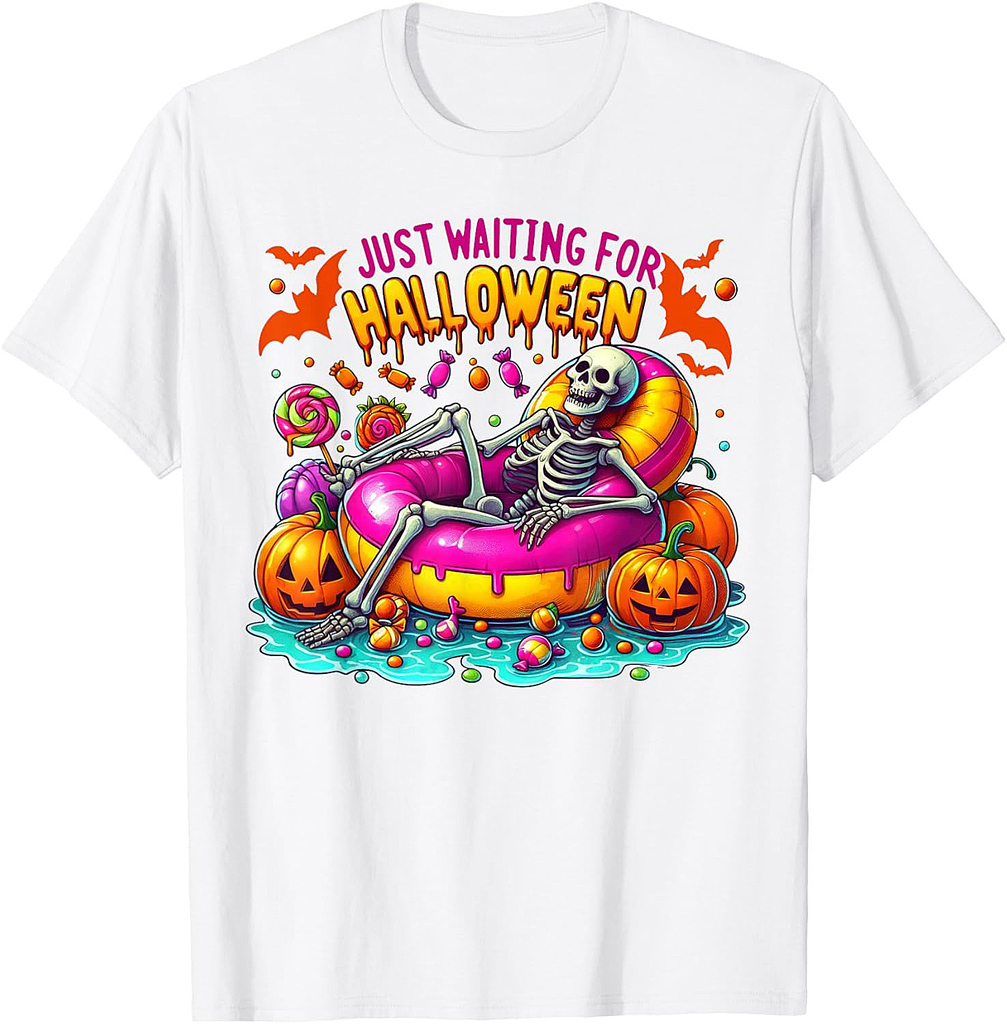 Just Waiting Halloween Skeleton Funny Pumpkin Pool Summer T-Shirt