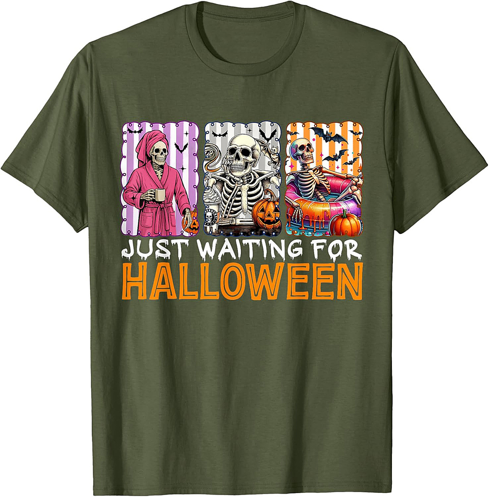 Just Waiting for Halloween Skeleton Spooky Summerween T-Shirt