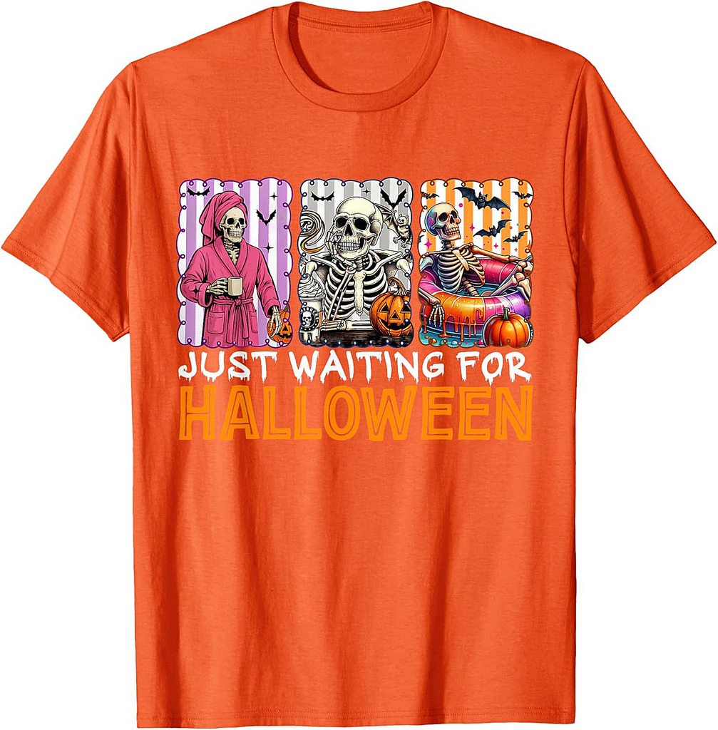 Just Waiting for Halloween Skeleton Spooky Summerween T-Shirt