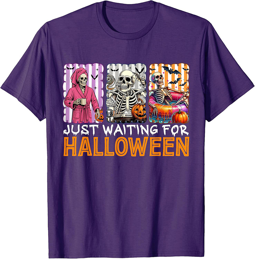 Just Waiting for Halloween Skeleton Spooky Summerween T-Shirt