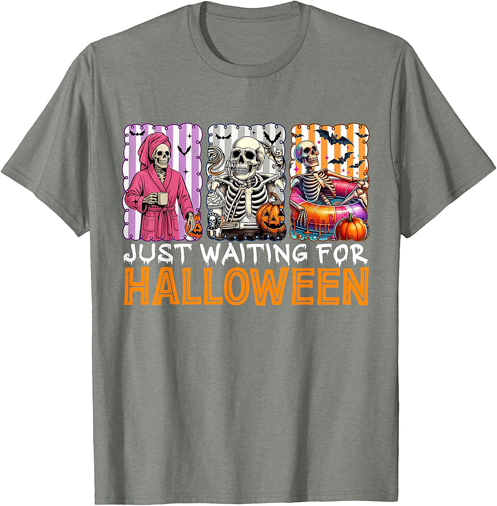 Just Waiting for Halloween Skeleton Spooky Summerween T-Shirt