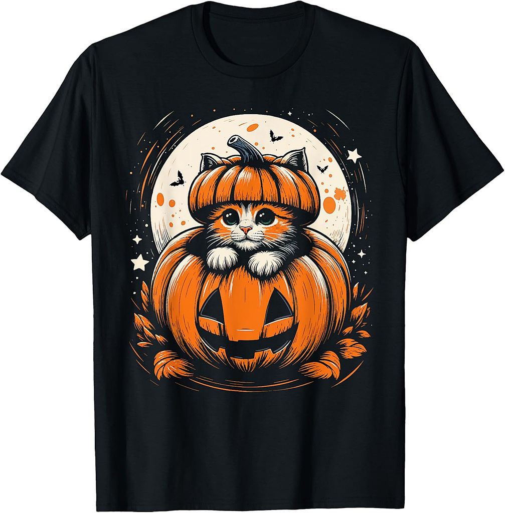 Kitten in Pumpkin Halloween Moonlight for Men and Women T-Shirt