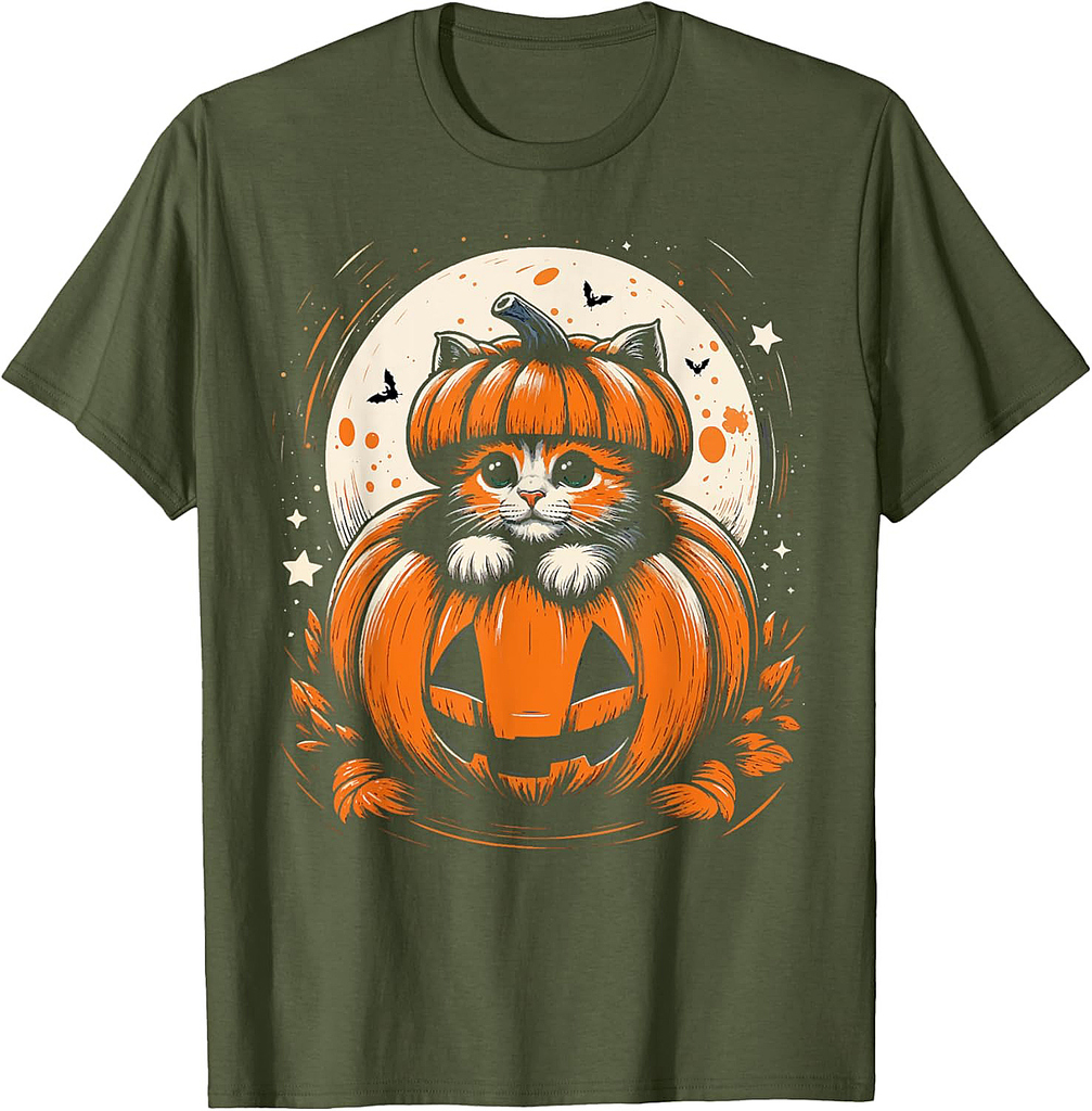 Kitten in Pumpkin Halloween Moonlight for Men and Women T-Shirt