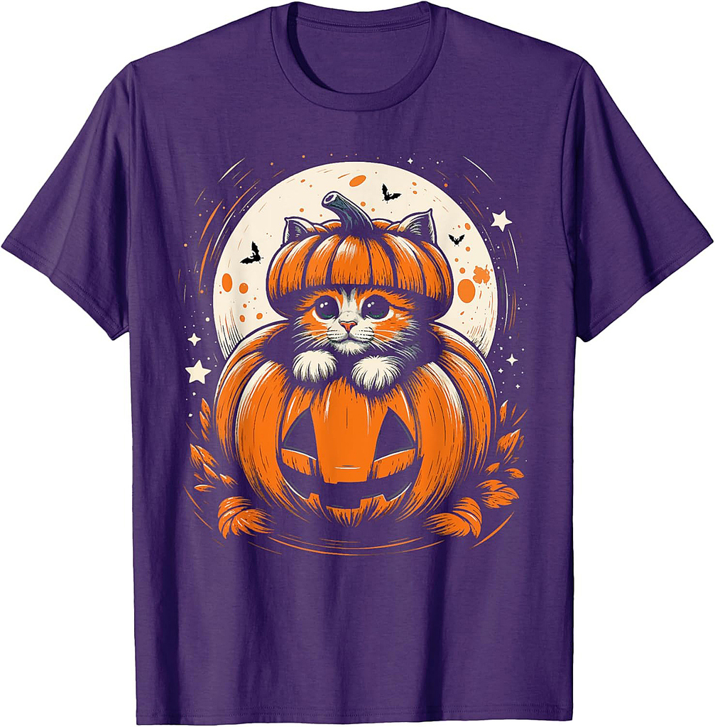 Kitten in Pumpkin Halloween Moonlight for Men and Women T-Shirt