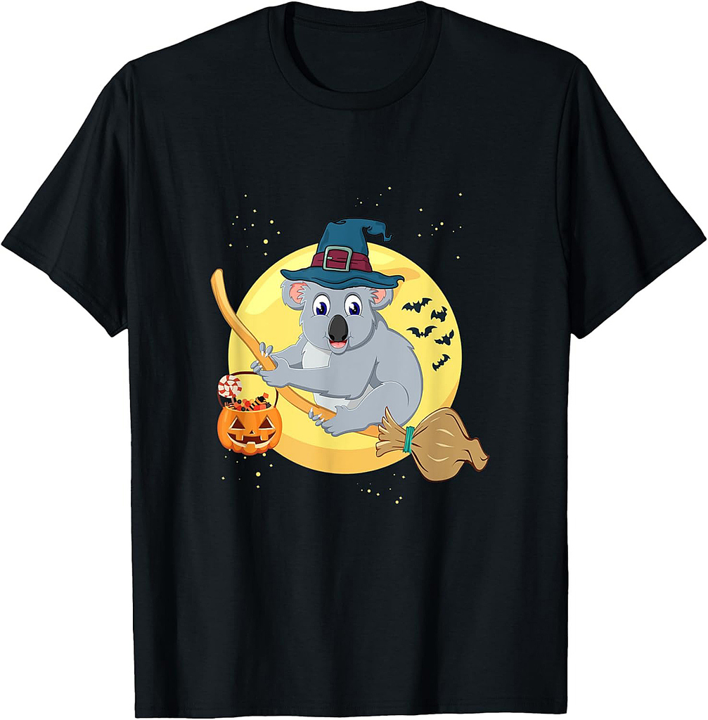 Koala Bear Witch Flying Broomstick Pumpkin Moon Halloween T-Shirt