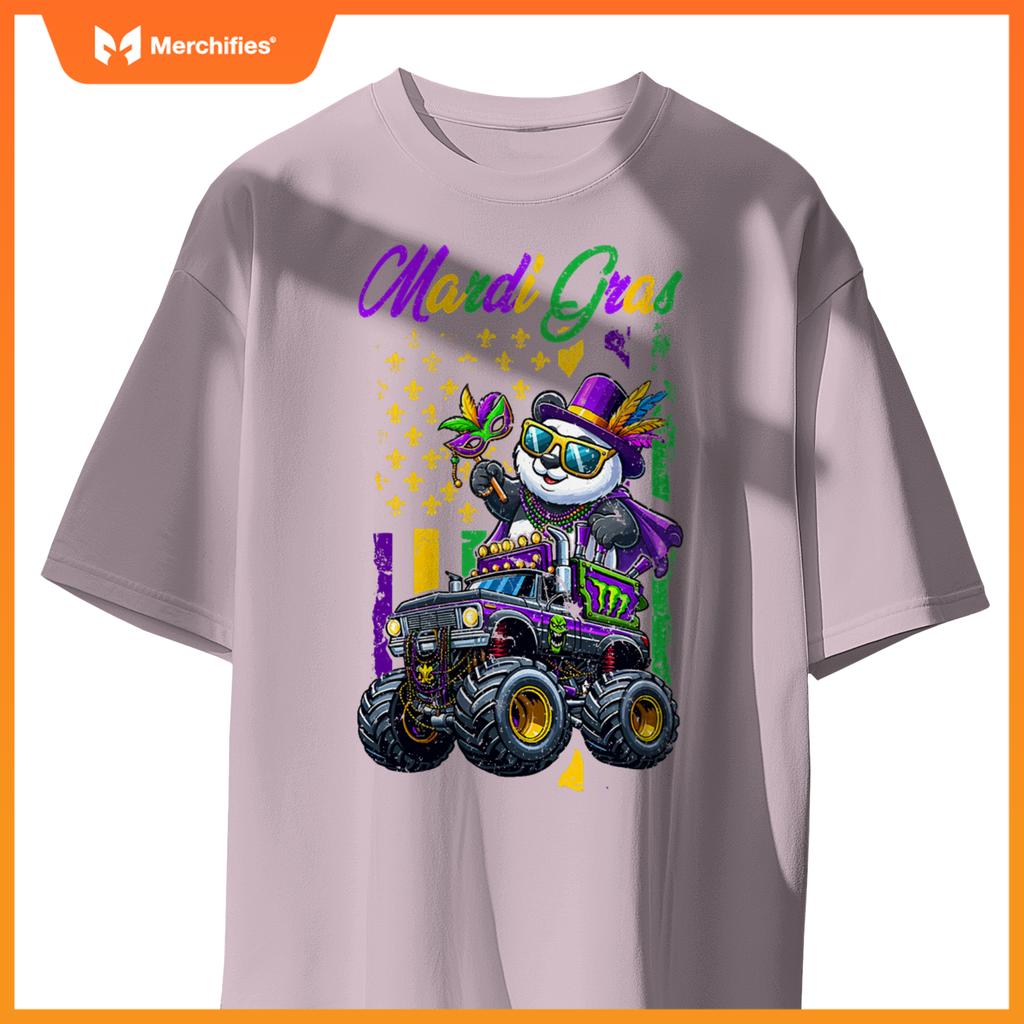 Mardi Gras Panda Sunglasses On Monster Truck Beads Masked T-Shirt