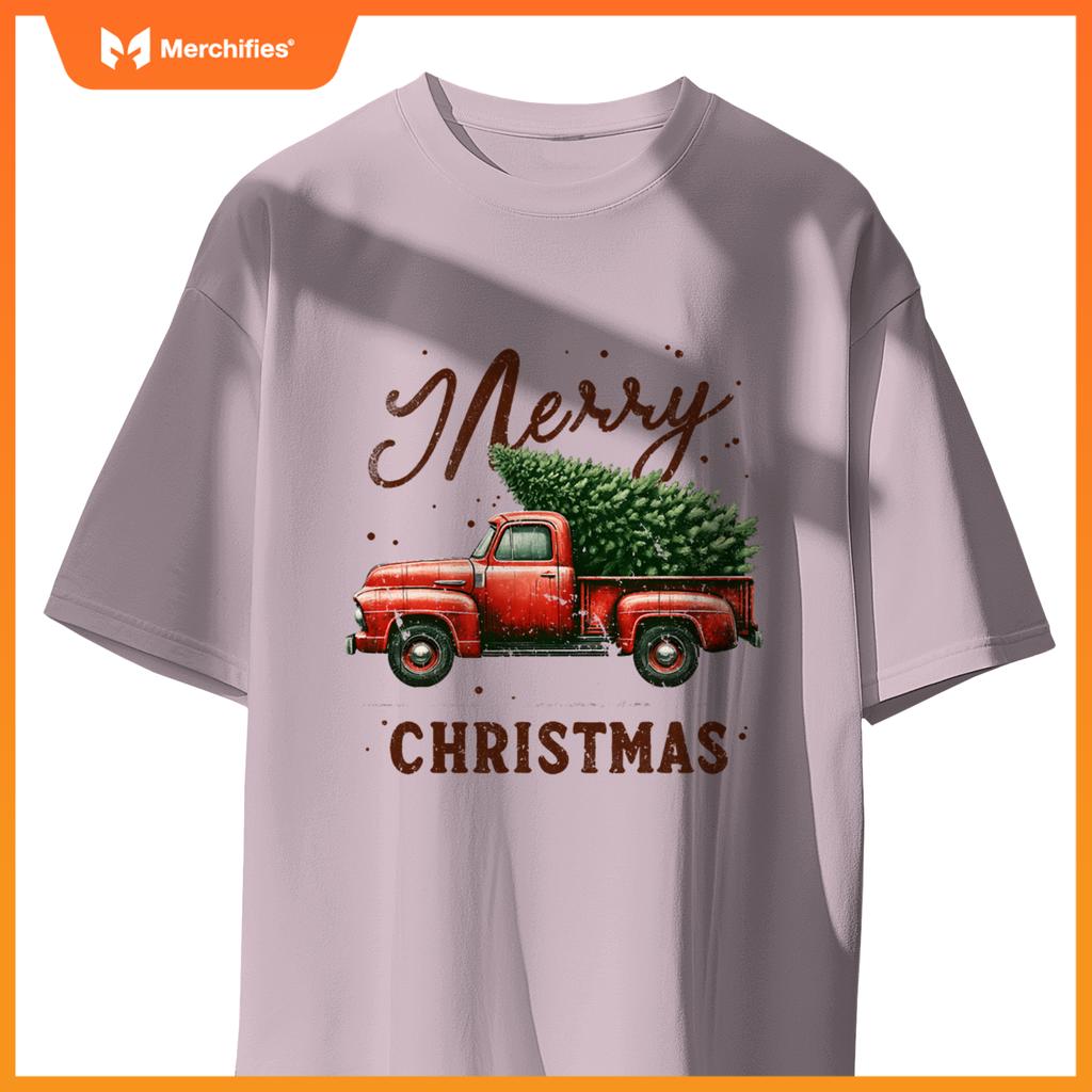 Merry Christmas Tree on Red Truck Wagon Vintage Christmas T-Shirt