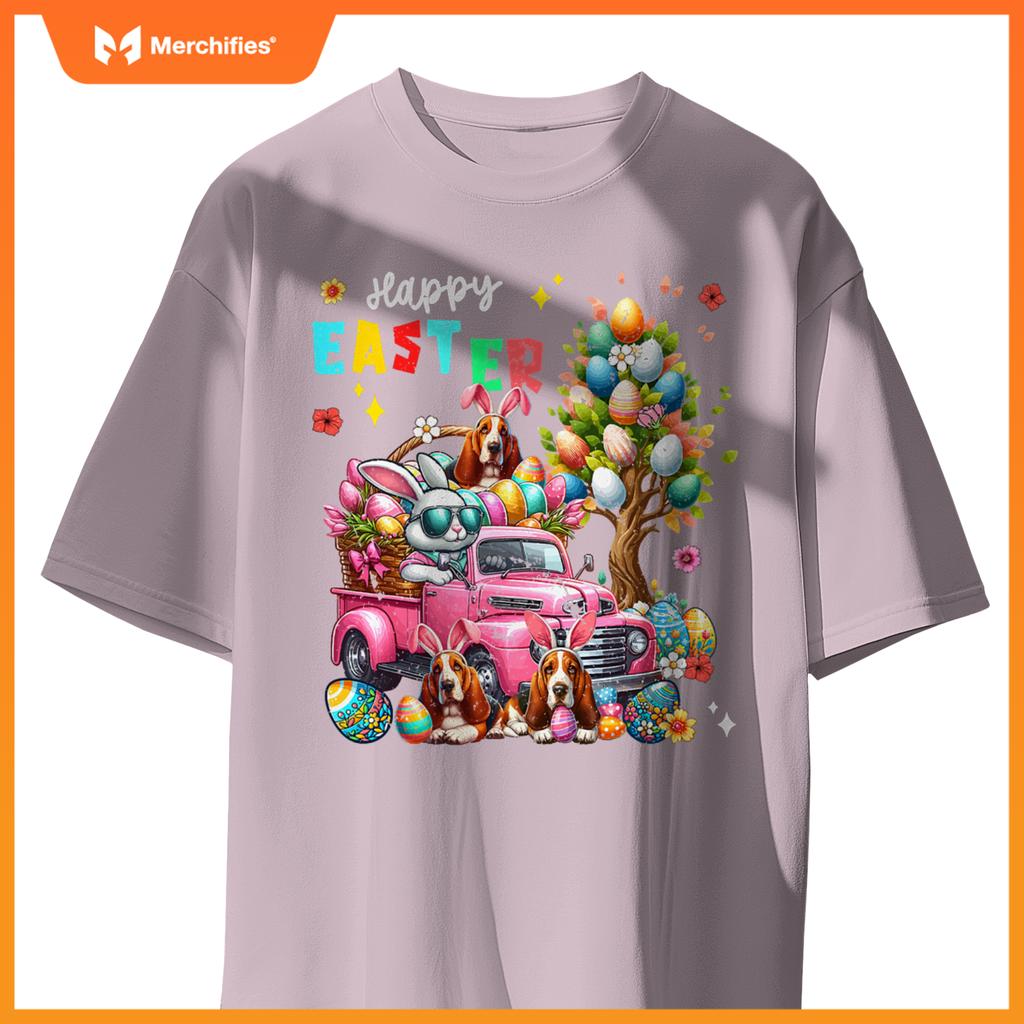 Happy Easter Three Cute Bunny Basset Hounds On Pickup Truck T-Shirt
