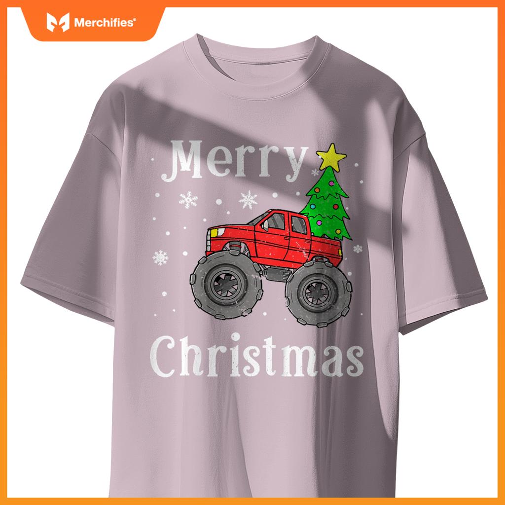 Kids Boys Monster Truck Merry Christmas Tree Snowflakes T-Shirt