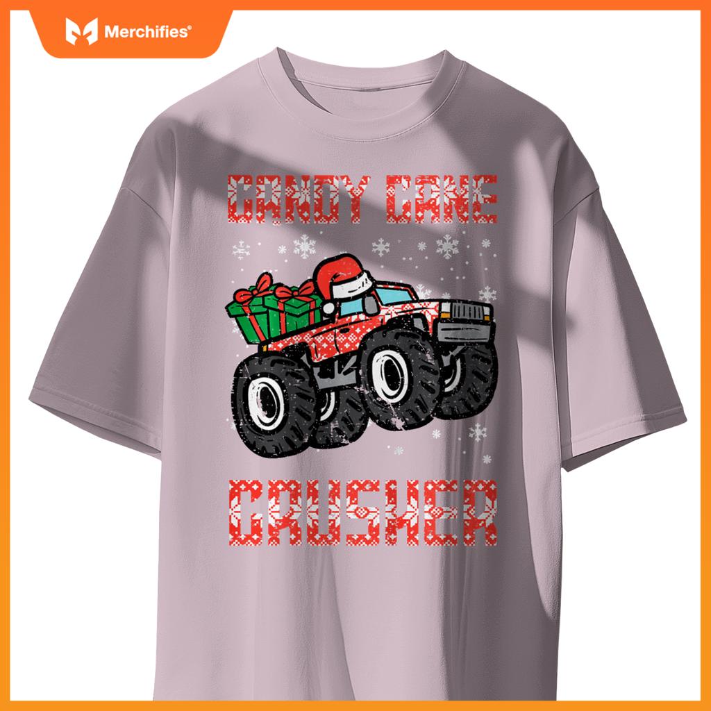 Kids Christmas Candy Cane Crusher Xmas Monster Truck Toddler Boys T-Shirt