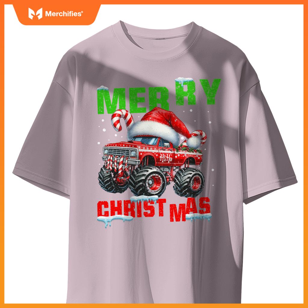 Merry Christmas Monster Truck Xmas Santa Hat Boys Kids T-Shirt