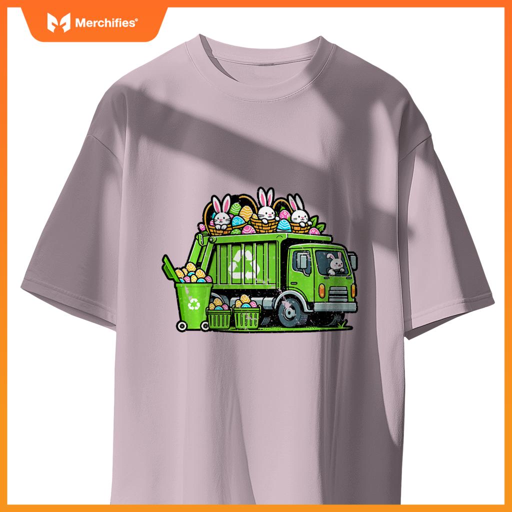 Kids Happy Easter Day Rabbit Lover Bunny Riding Garbage Truck T-Shirt