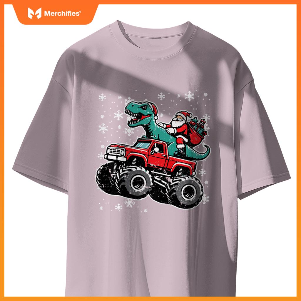 Kids Christmas Monster Truck Dino Santa Xmas Toddler Boys Kids T-Shirt