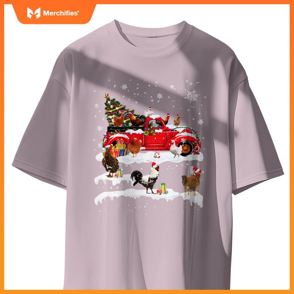 Merry Xmas Chicken Santa Hat Christmas Tree Truck Lights T-Shirt