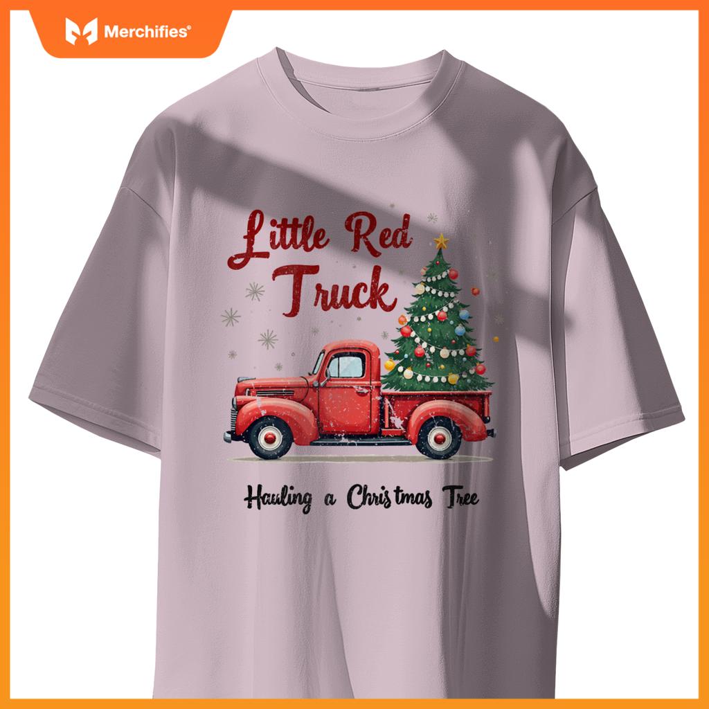 Little Red Truck Hauling A Christmas Tree Family Matching T-Shirt