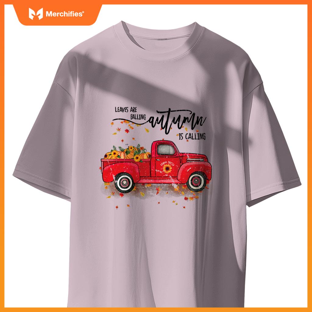 Leaves Are Falling Autumn Is Calling Red Truck Pumpkins T-Shirt