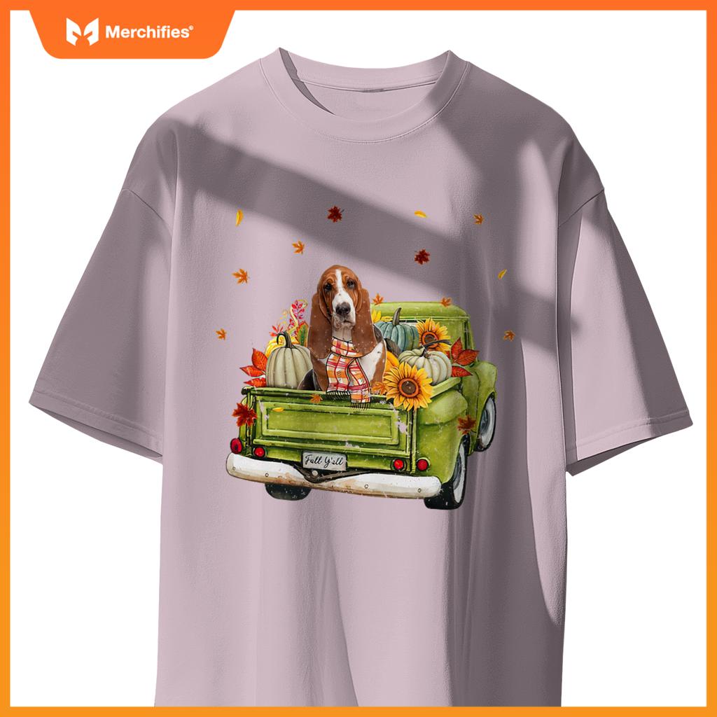 Happy Fall Yall Basset Hound Dog On Truck Pumpkin Fall T-Shirt
