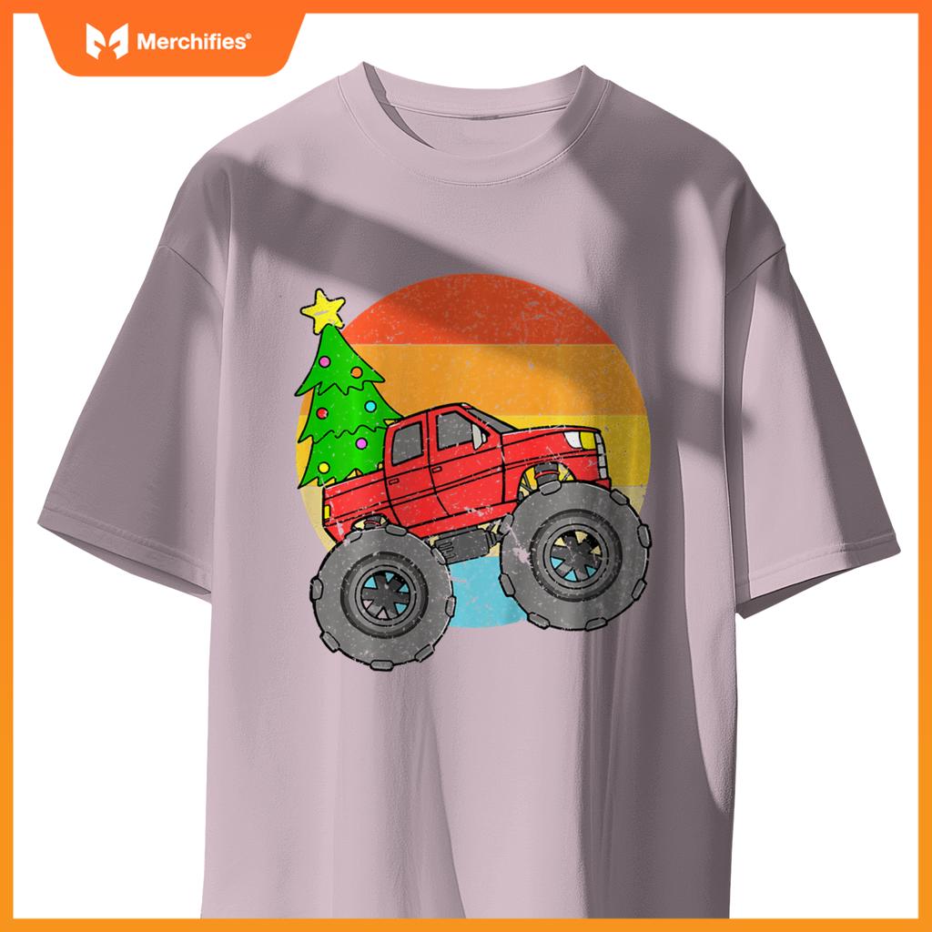 Kids Vintage Sunset Christmas Tree Monster Truck Retro Boys Girls T-Shirt