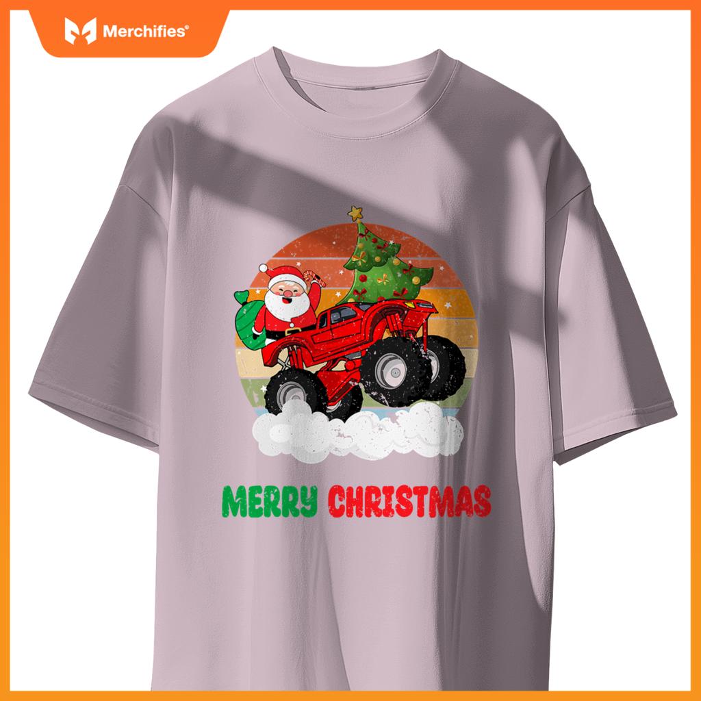 Kids Merry Xmas Santa Monster Truck Christmas Tree Light T-Shirt
