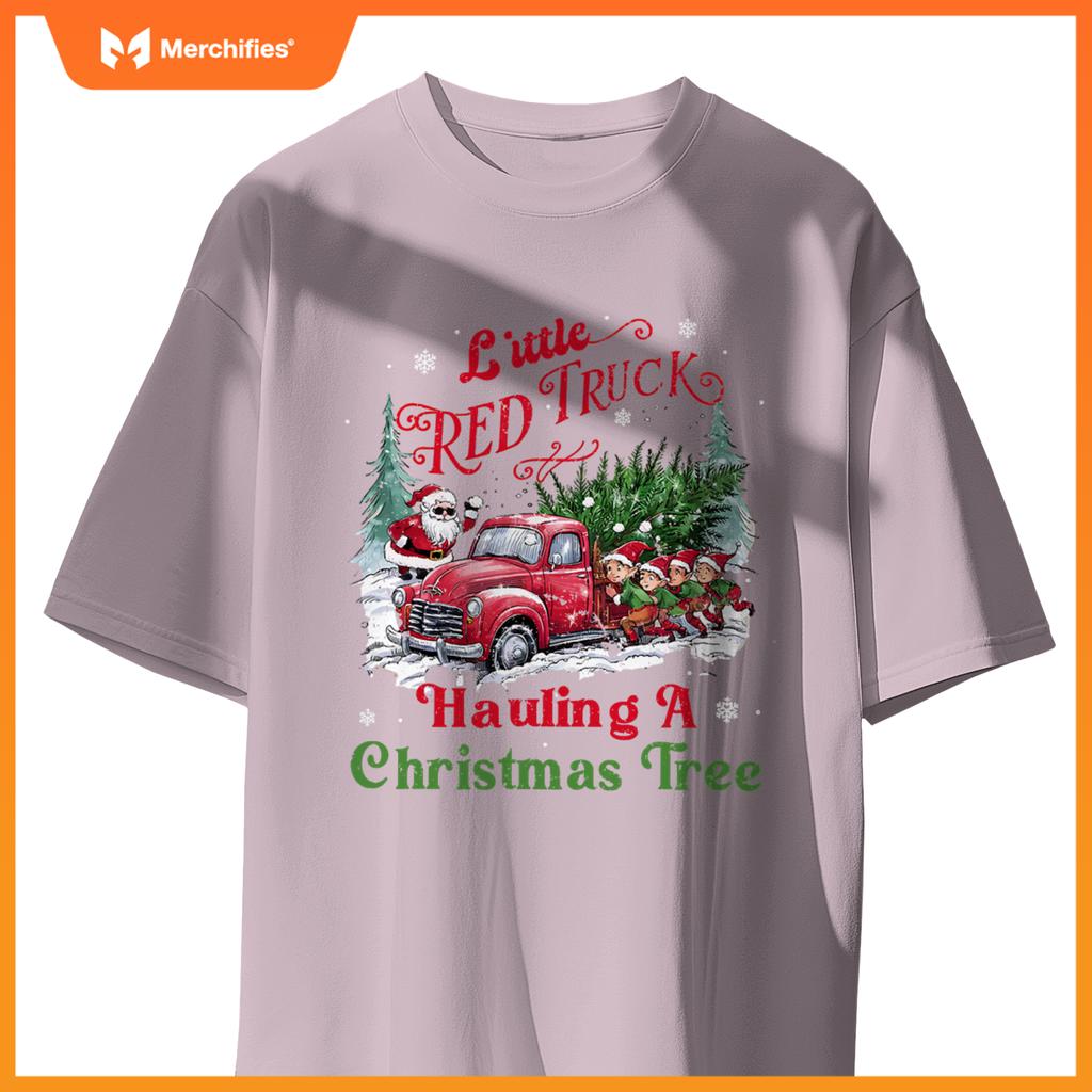 Little Red Truck Hauling A Christmas Tree Xmas Trendy T-Shirt