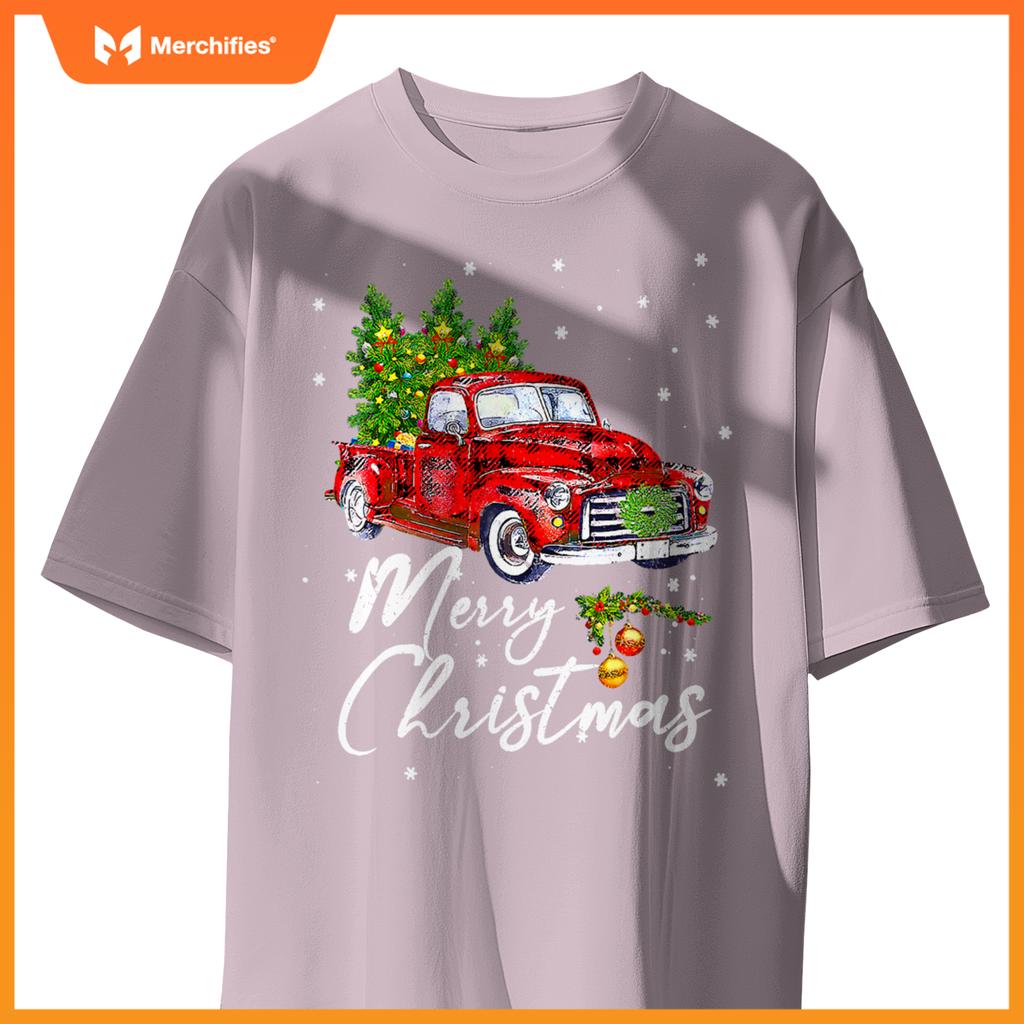 Merry Christmas Wagon Red Truck Pajama Family Party T-Shirt