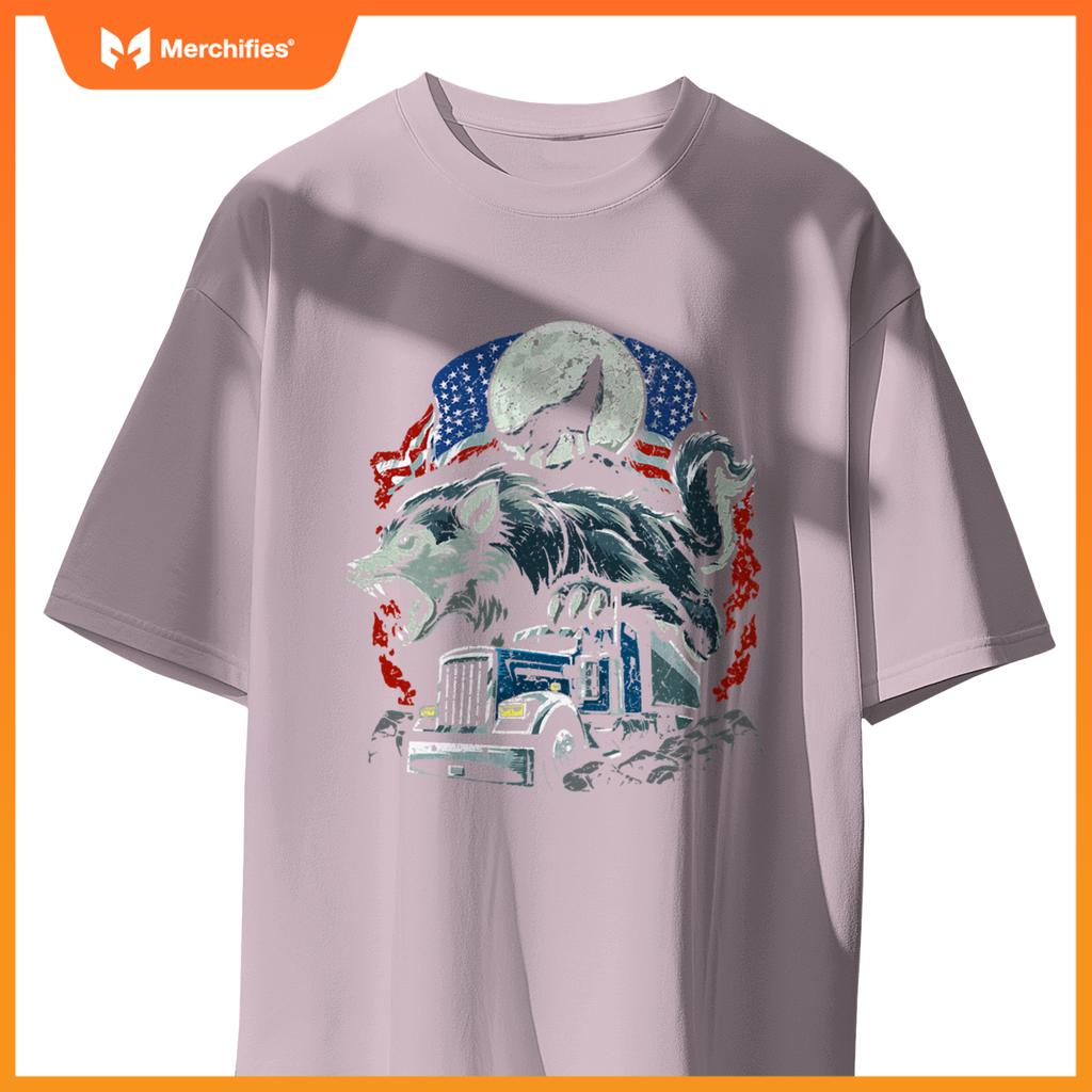 Mens Usa Flag Truck Howling Wolf American Patriotic Trucker T-Shirt