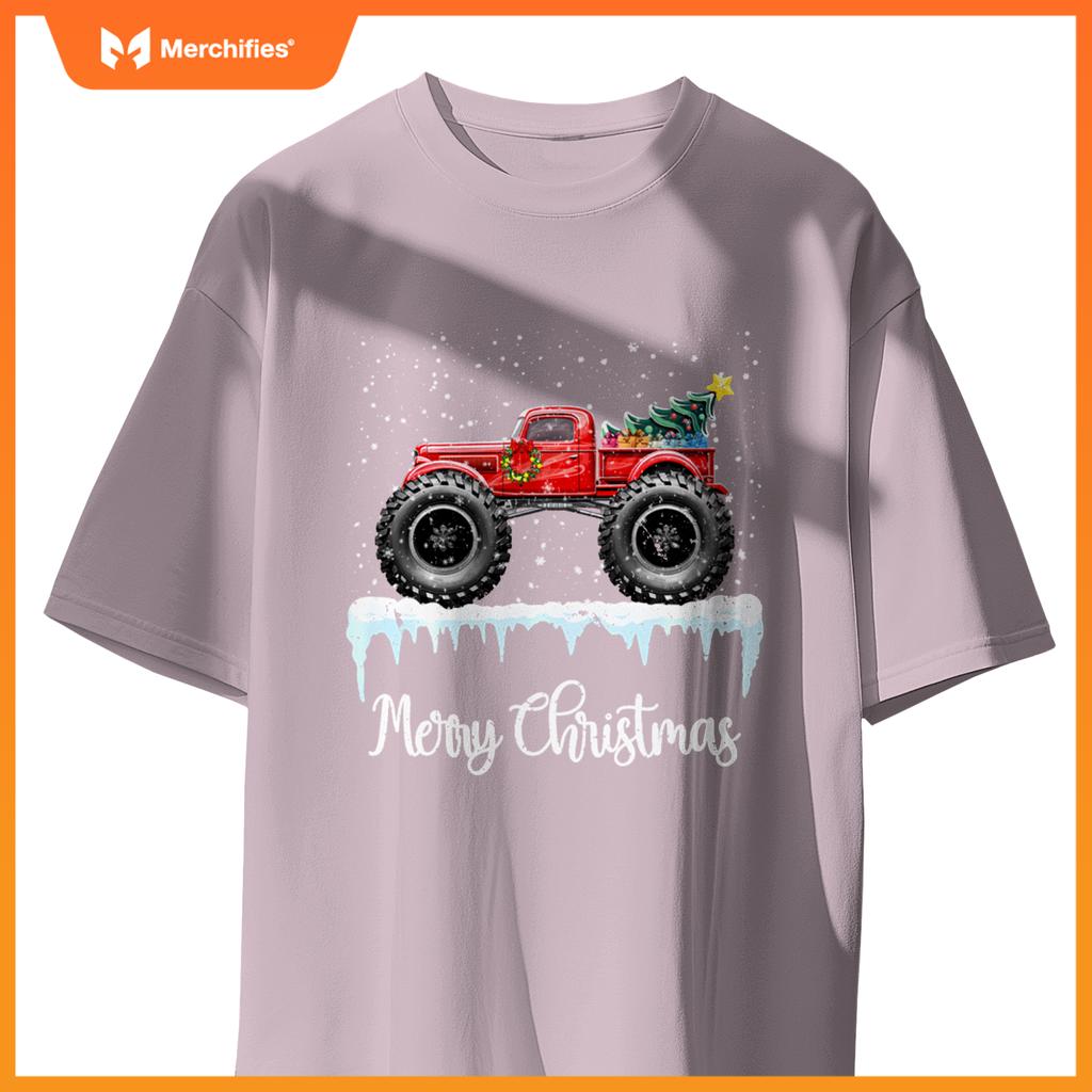 Merry Christmas Red Monster Truck Old Fashioned Xmas T-Shirt