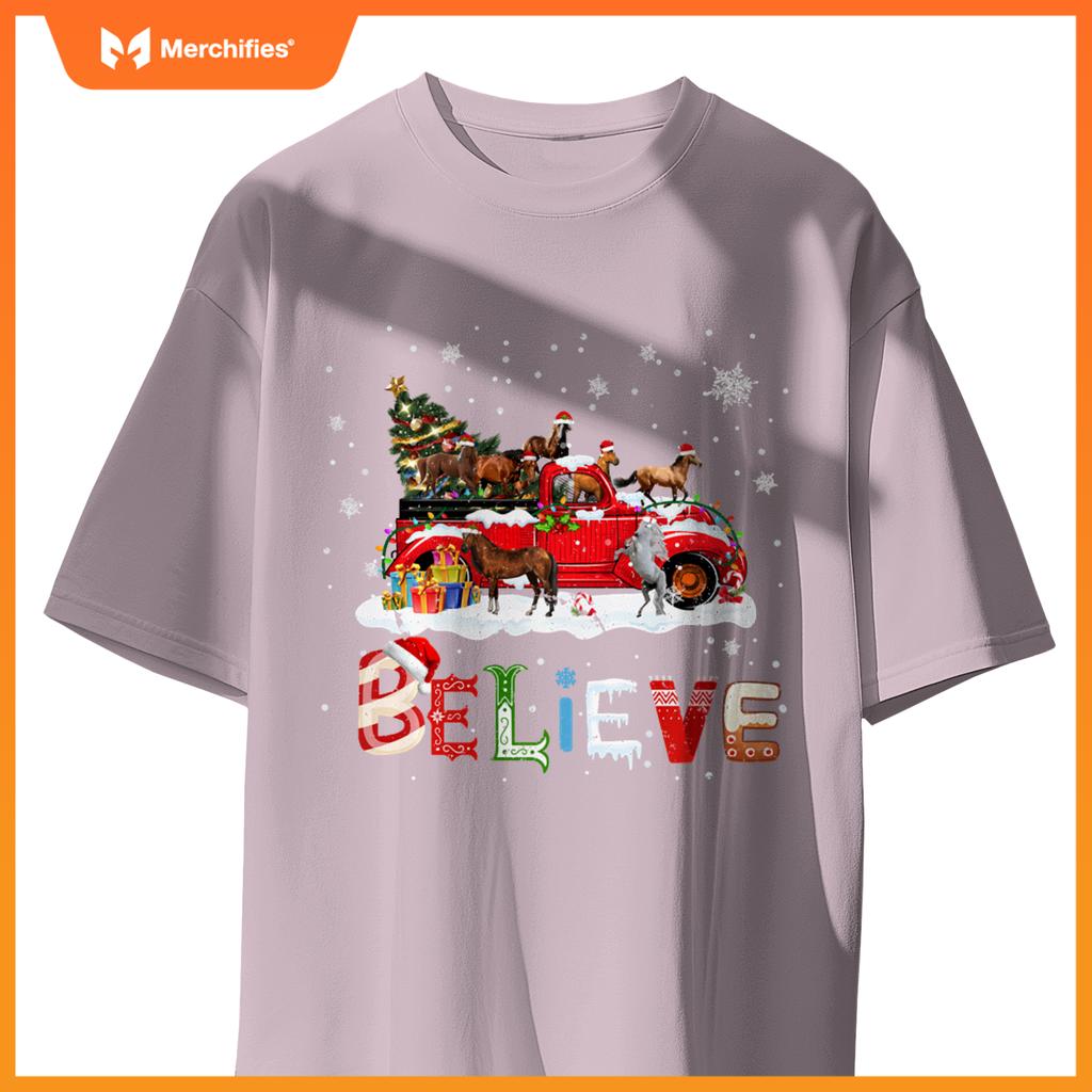 Horse Riding Red Truck Christmas Tree Believe Santa Pajama T-Shirt