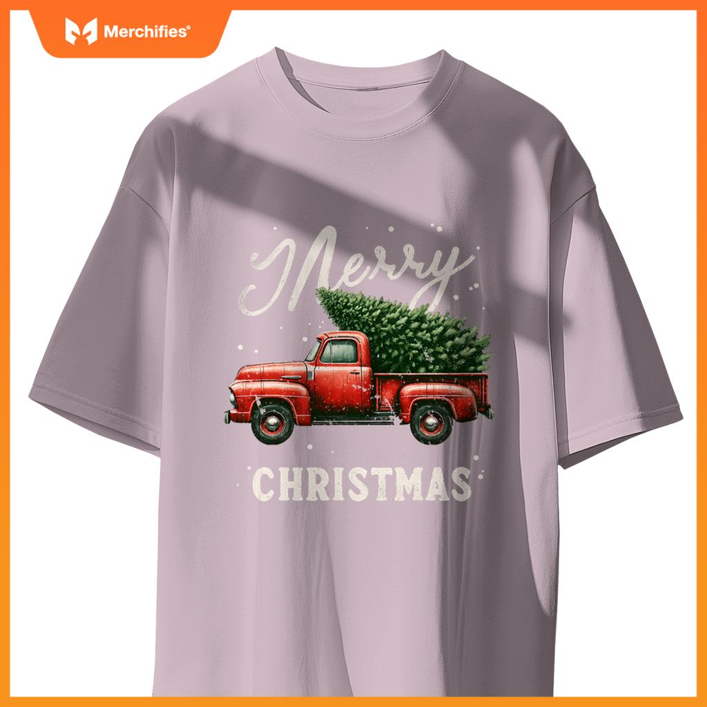 Merry Christmas Tree On Red Truck Wagon Xmas T-Shirt