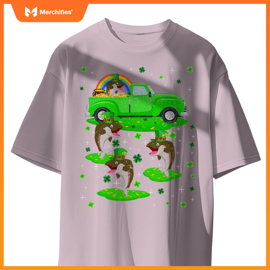 Irish Shamrock Green Truck On Salmon Fish St Patricks Day T-Shirt