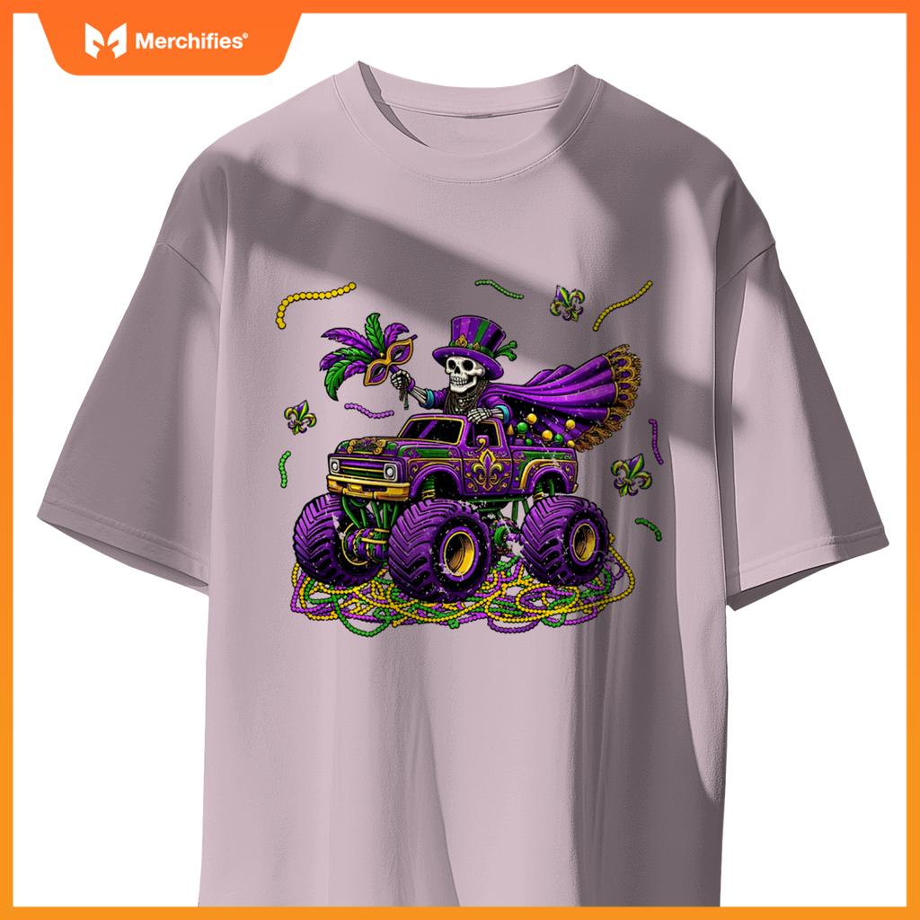 Mardi Gras Monstser Truck Skeleton Beads Mask Carnival T-Shirt