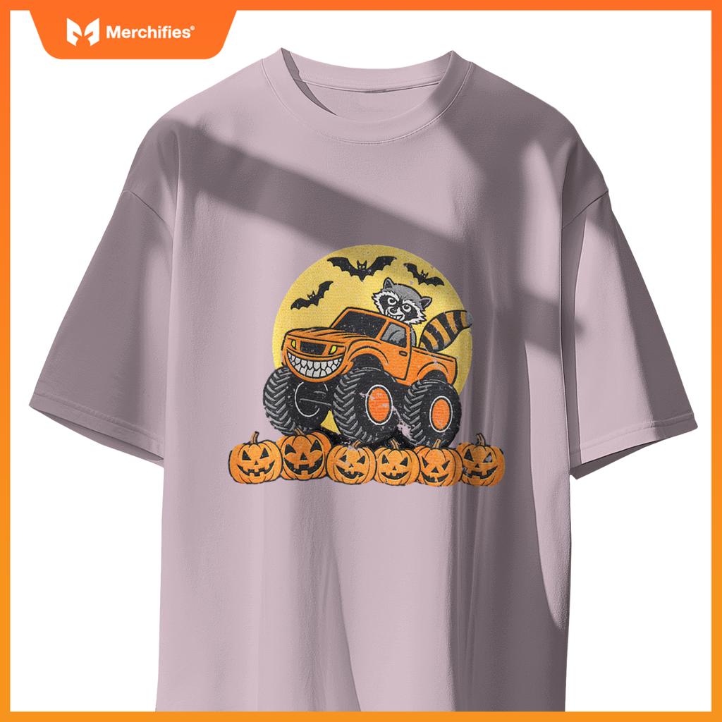 Kids Halloween Monster Truck Driven By A Raccoon School Kids T-Shirt