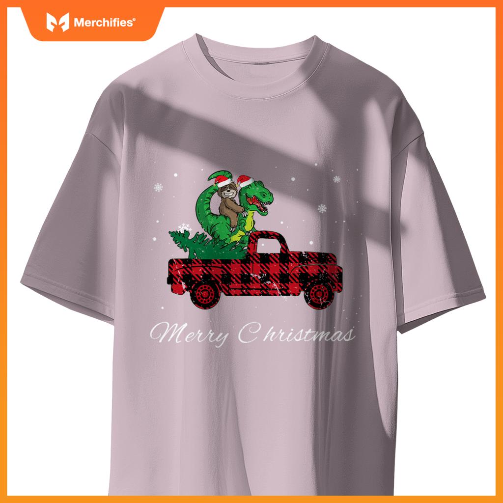 Merry Christmas Red Plaid Truck With Sloth Riding Dinosaur T-Shirt