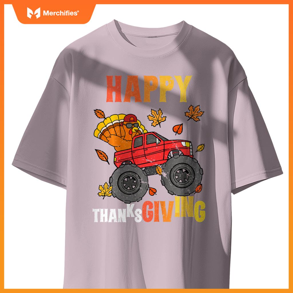 Kids Monster Truck Turkey Happy Thanksgiving Boys Girls T-Shirt