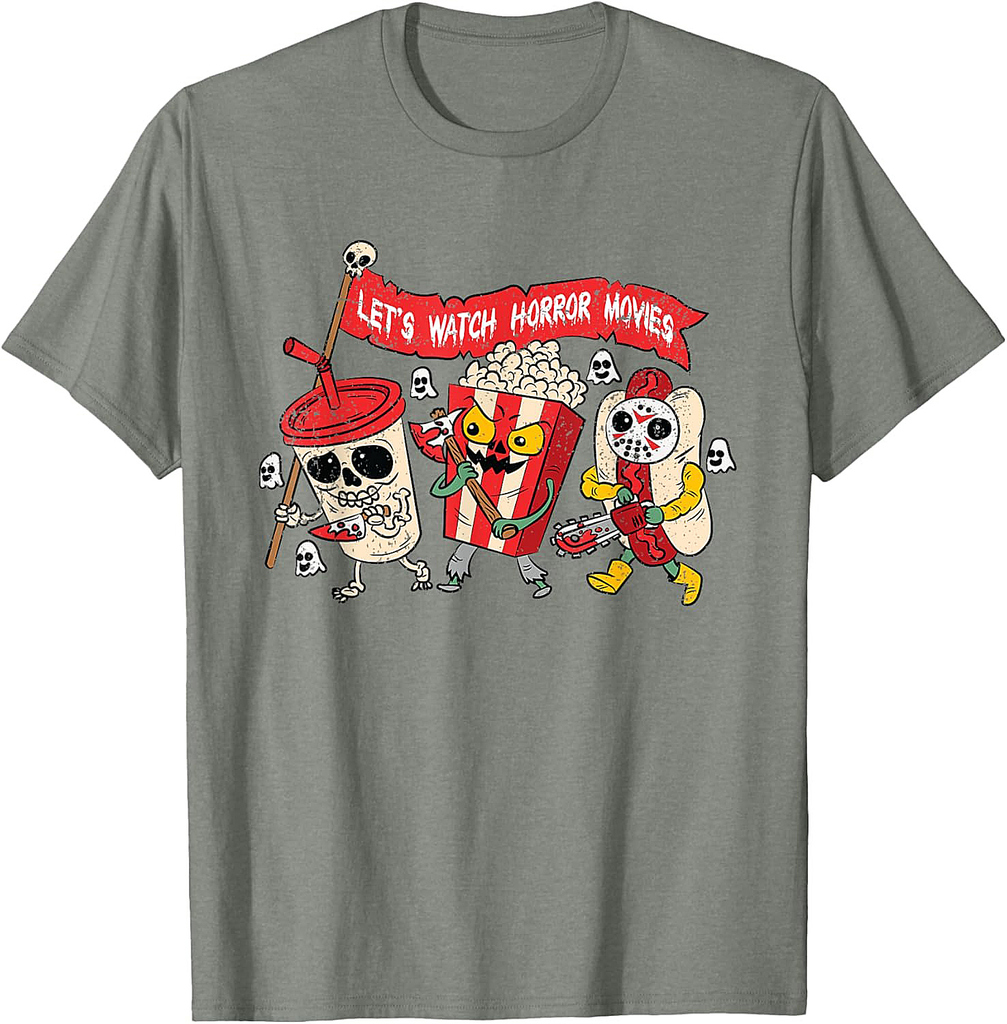 Lets Watch Horror Movies Halloween Funny Ghost Skeleton T-Shirt
