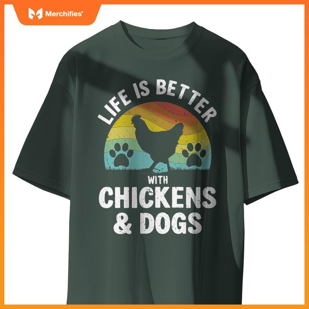 Life Is Better With Chickens & Dogs Women Girls Pet Farmer Pullover T-Shirt