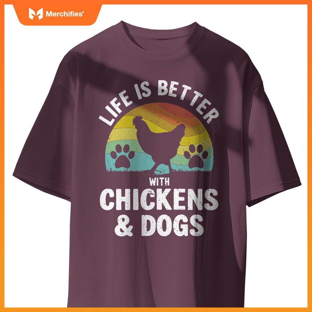 Life Is Better With Chickens & Dogs Women Girls Pet Farmer Pullover T-Shirt