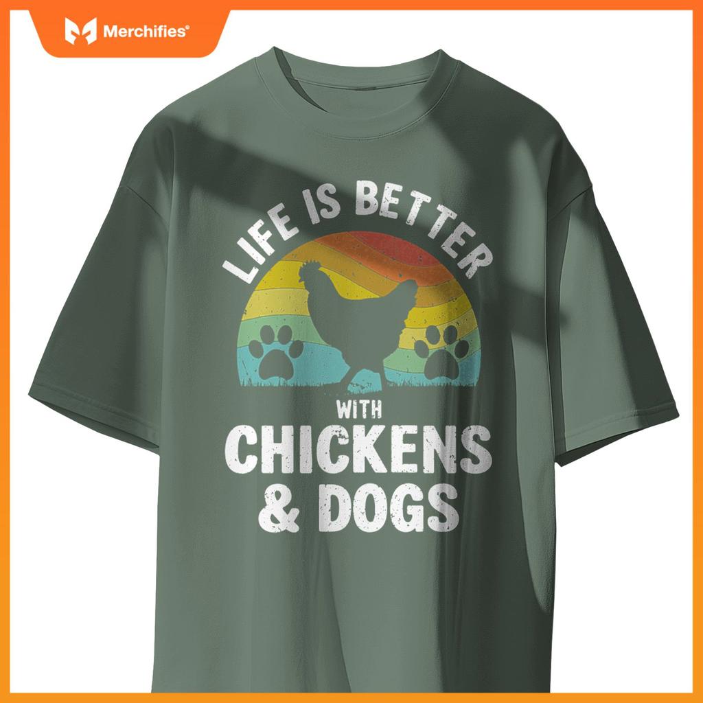 Life Is Better With Chickens & Dogs Women Girls Pet Farmer Pullover T-Shirt