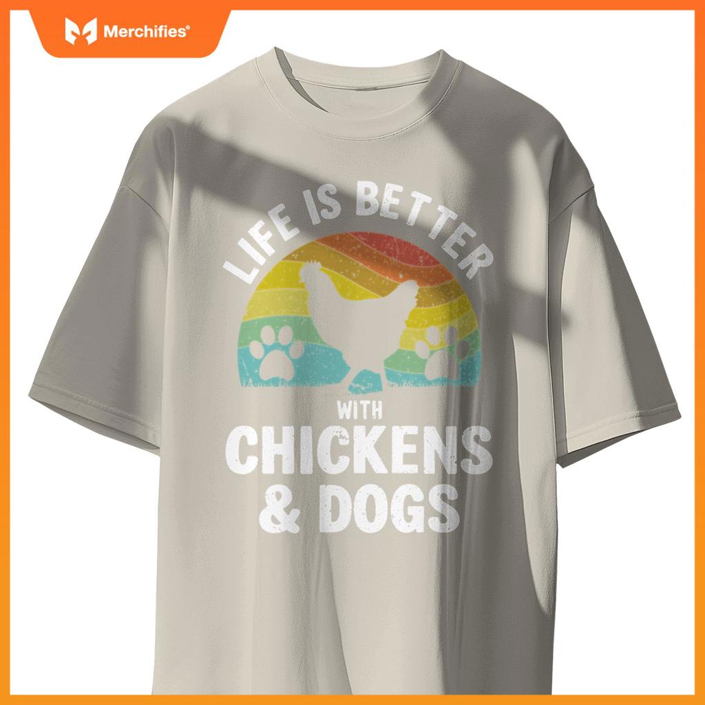 Life Is Better With Chickens & Dogs Women Girls Pet Farmer Pullover T-Shirt