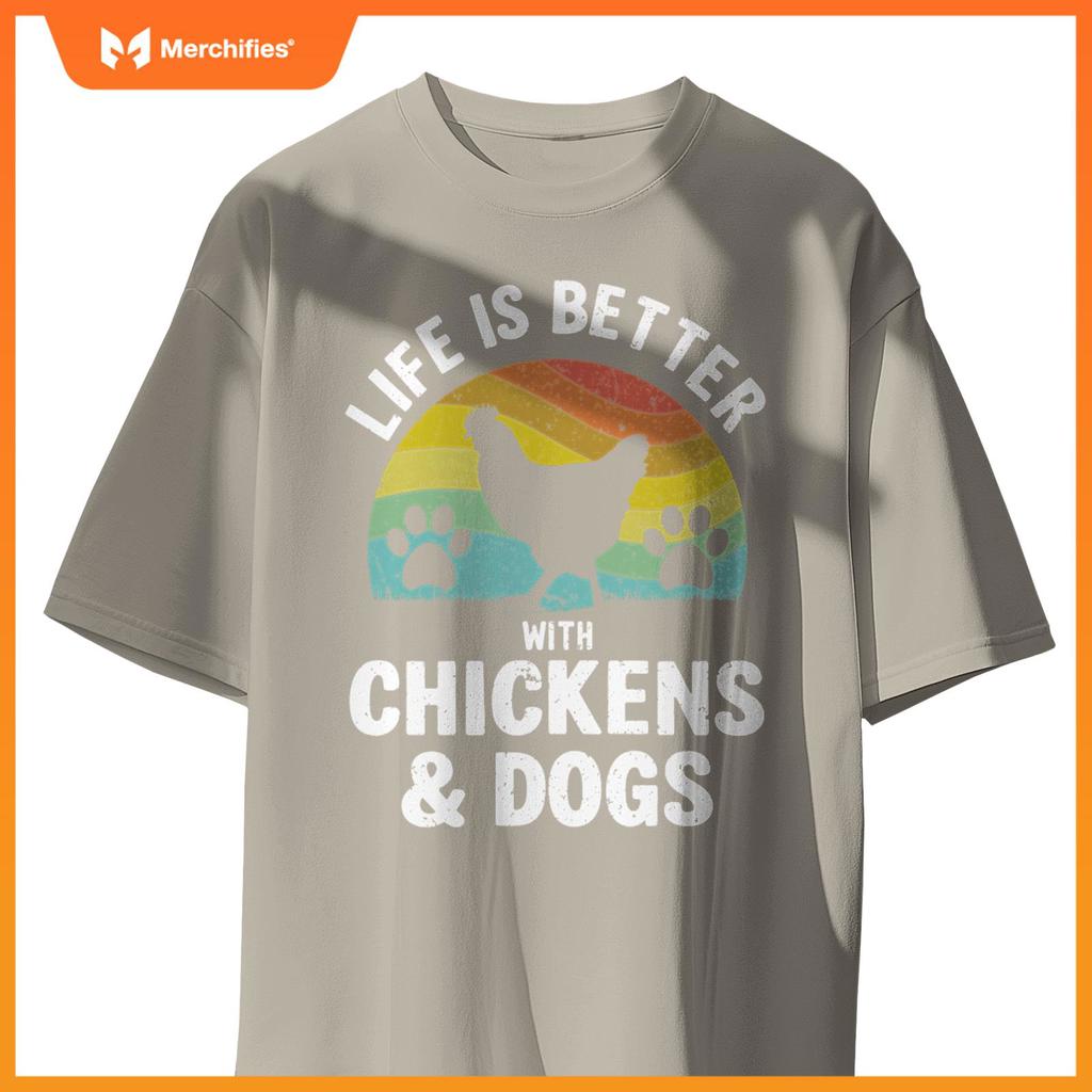Life Is Better With Chickens & Dogs Women Girls Pet Farmer Pullover T-Shirt