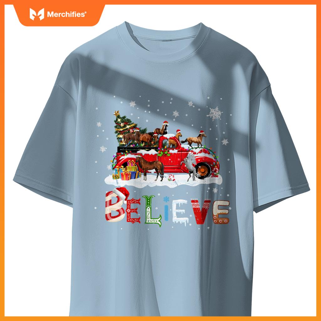Horse Riding Red Truck Christmas Tree Believe Santa Pajama T-Shirt