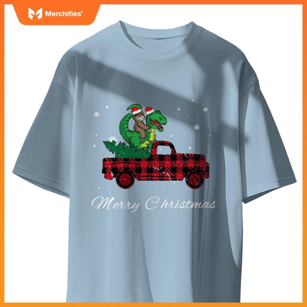 Merry Christmas Red Plaid Truck With Sloth Riding Dinosaur T-Shirt