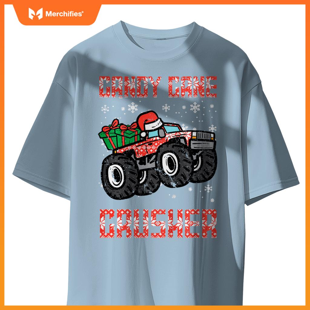 Kids Christmas Candy Cane Crusher Xmas Monster Truck Toddler Boys T-Shirt