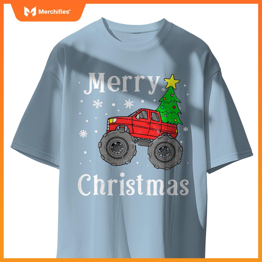 Kids Boys Monster Truck Merry Christmas Tree Snowflakes T-Shirt
