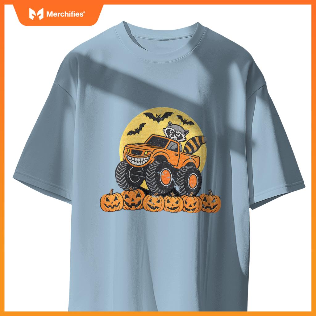 Kids Halloween Monster Truck Driven By A Raccoon School Kids T-Shirt