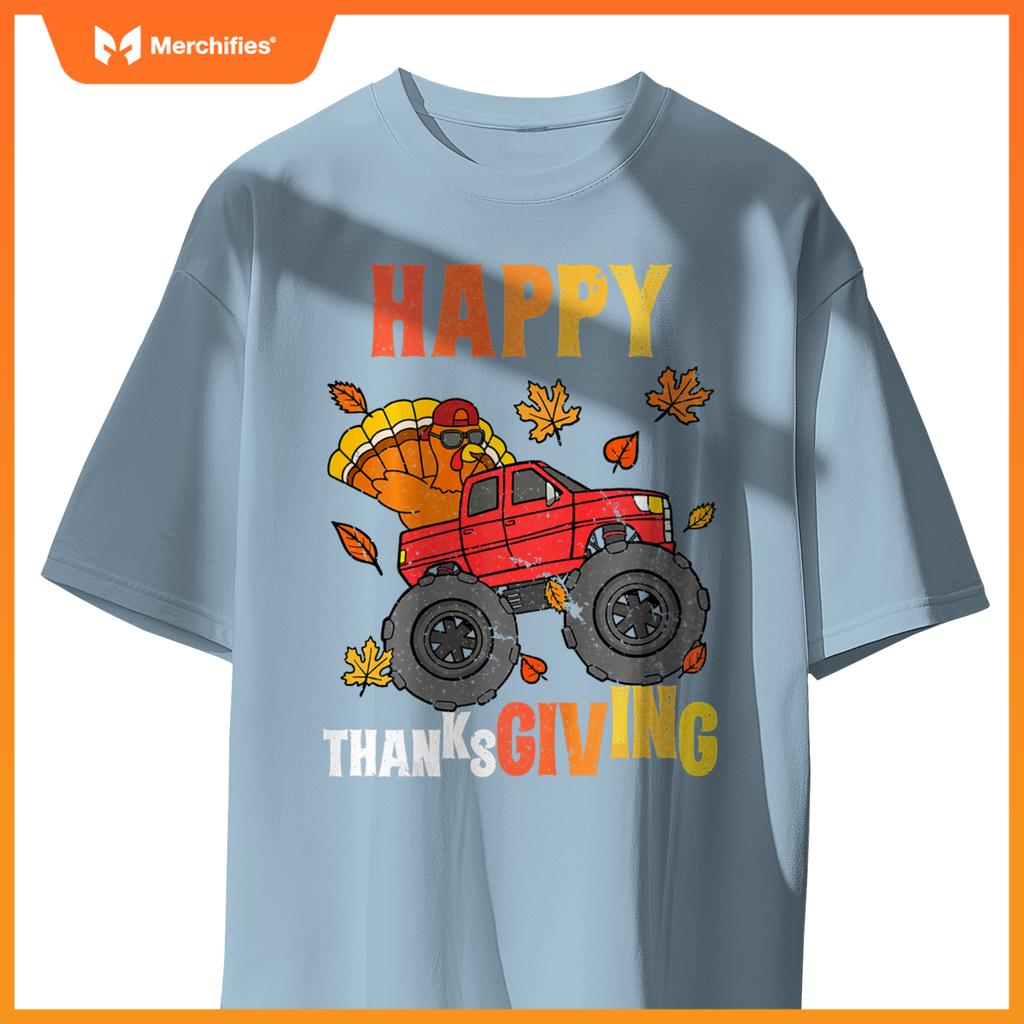 Kids Monster Truck Turkey Happy Thanksgiving Boys Girls T-Shirt