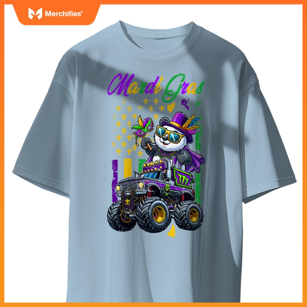 Mardi Gras Panda Sunglasses On Monster Truck Beads Masked T-Shirt