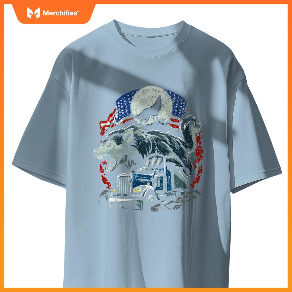 Mens Usa Flag Truck Howling Wolf American Patriotic Trucker T-Shirt